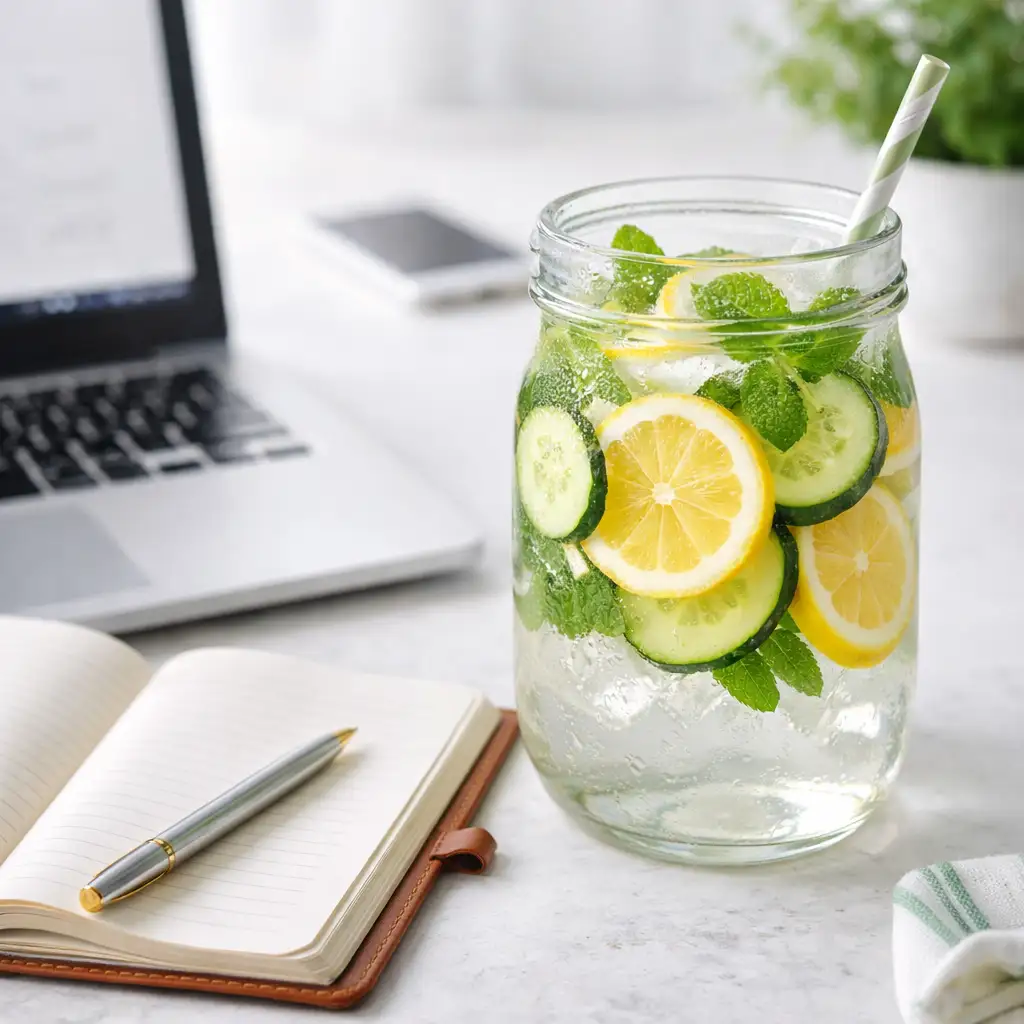 Person holding jar of lemon cucumber detox water in cozy home setting