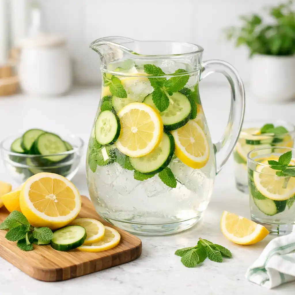 Flat lay of sliced lemons cucumbers mint and ginger for detox water