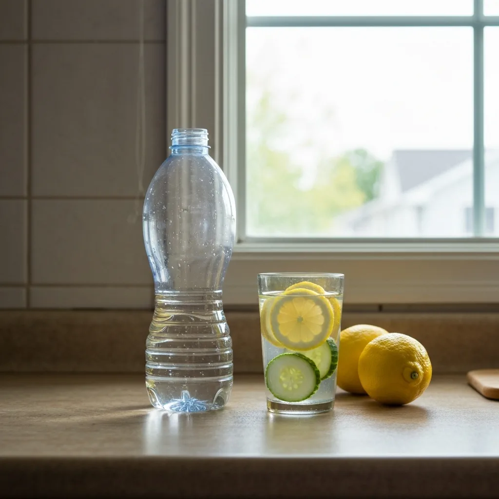 Reusable water bottle with lemon and cucumber on kitchen counter does drinking water help lose weight