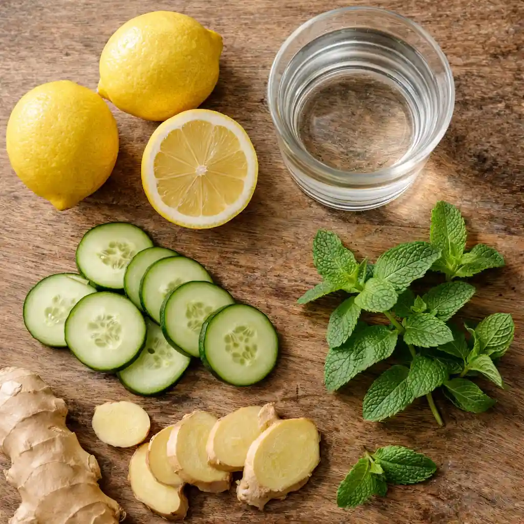 ingredients for lemon detox drink including lemon ginger mint cucumber detox drink using lemon
