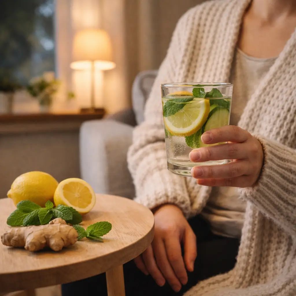 person holding lemon detox drink in cozy living room detox drink using lemon