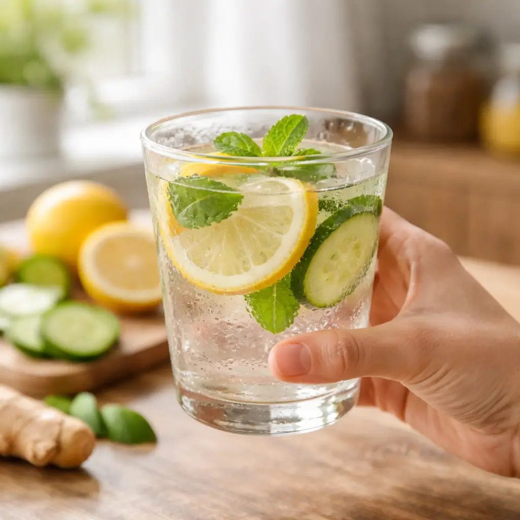 hand holding lemon detox drink near window in morning light detox drink using lemon