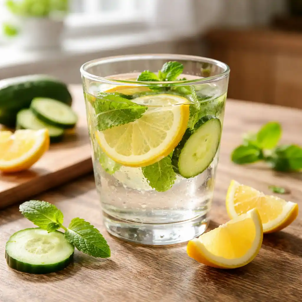 lemon detox water with mint and cucumber on table detox drink using lemon