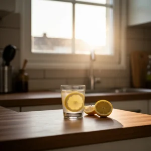 Warm lemon water in a glass with fresh lemon slices on a kitchen counter what drink detox the liver