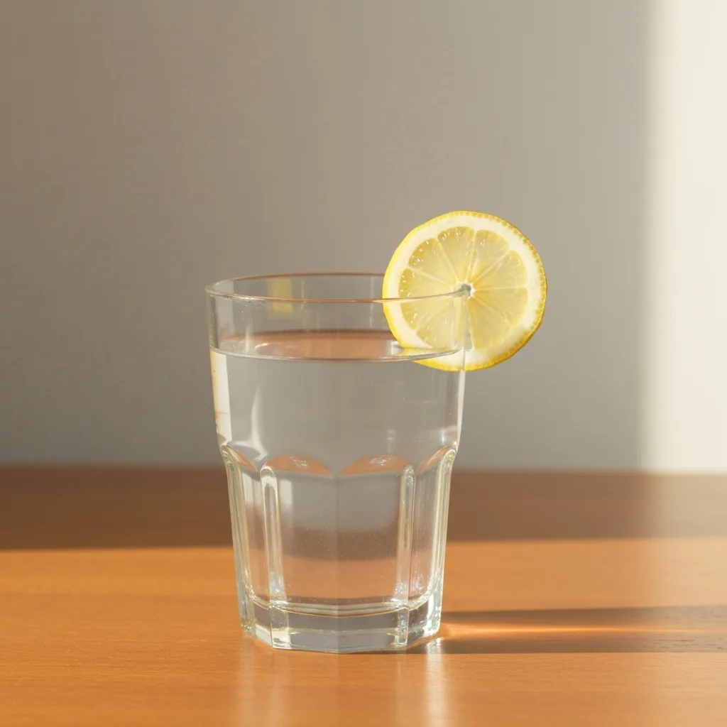 Glass of lemon water on kitchen counter during a morning fasting routine