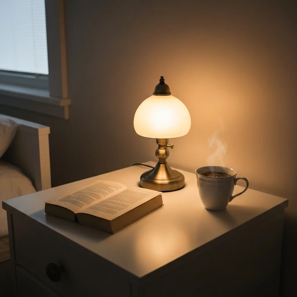 calm bedside table with tea and soft lamp lighting low stimulation wellness