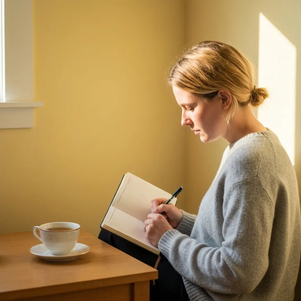 person journaling with tea in a quiet morning routine low stimulation wellness