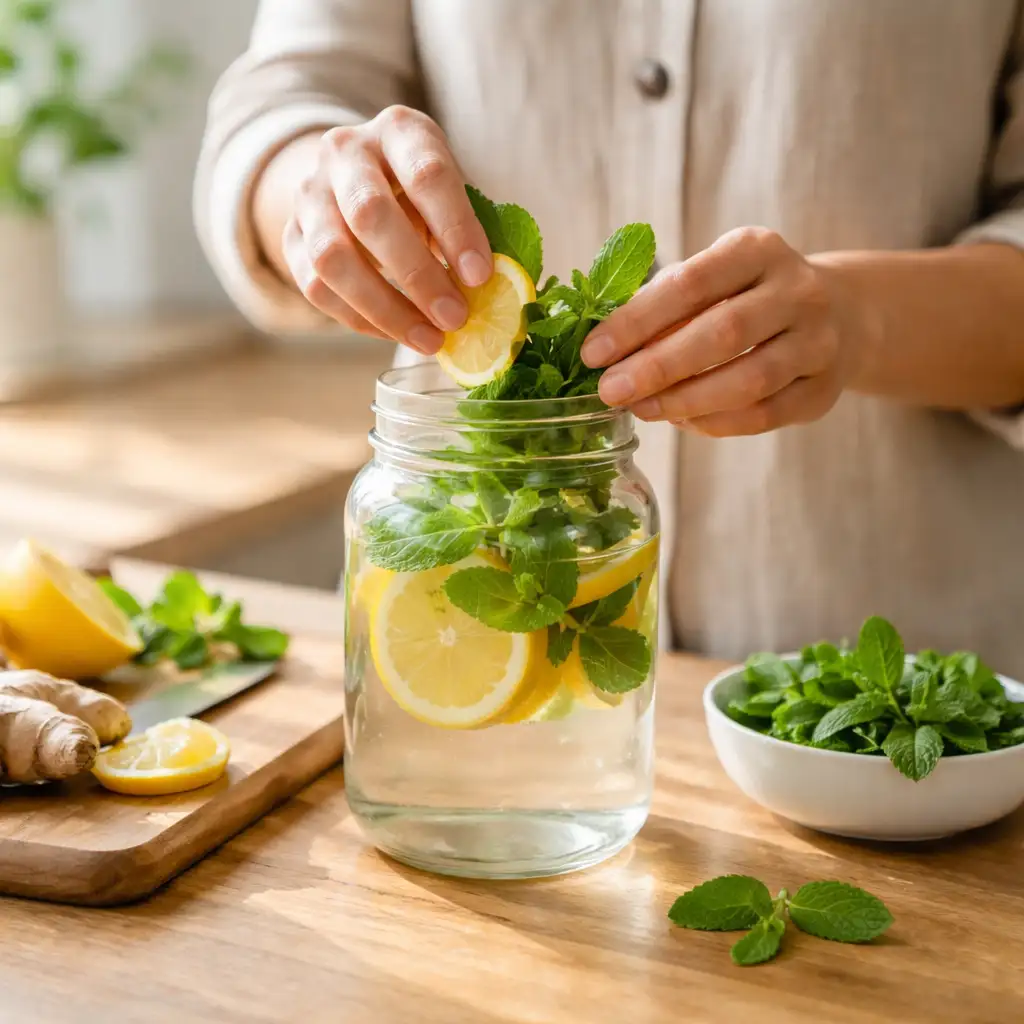 Person making detox drink with lemon and mint in kitchen what detox drink works the best