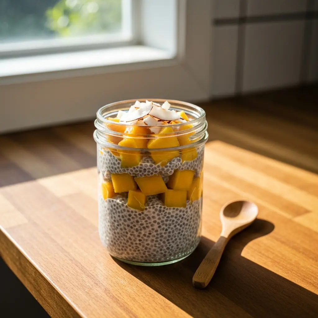 Mango coconut chia pudding breakfast jar on kitchen counter