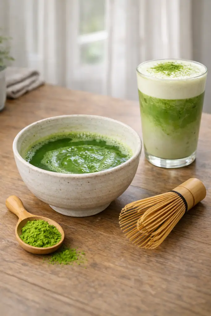 Pinterest style vertical image showing matcha tea preparation and ingredients