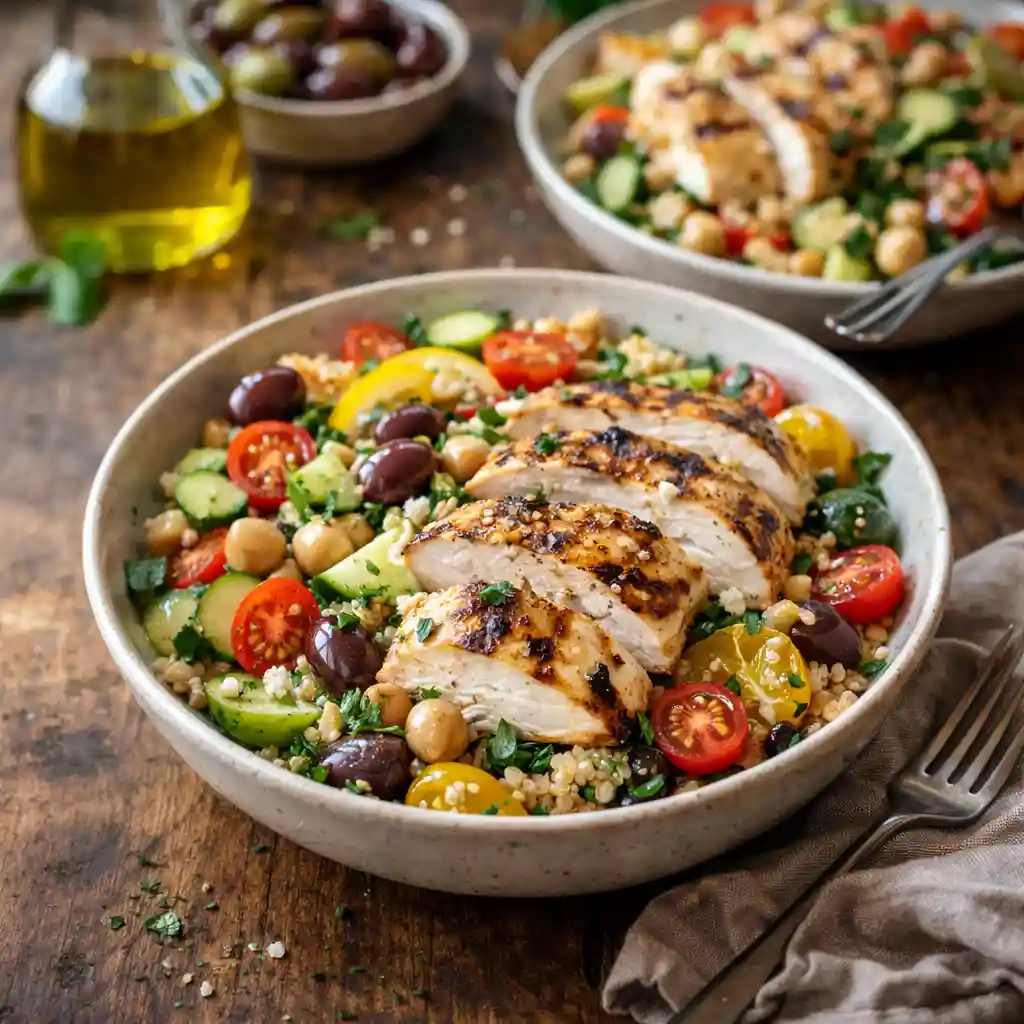 mediterranean-diet-lunch-bowl-feature Balanced Mediterranean lunch bowl with vegetables, grains, chickpeas, and olive oil