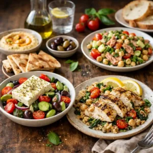 Overhead display of Mediterranean lunch ingredients such as vegetables, grains, legumes, and grilled chicken