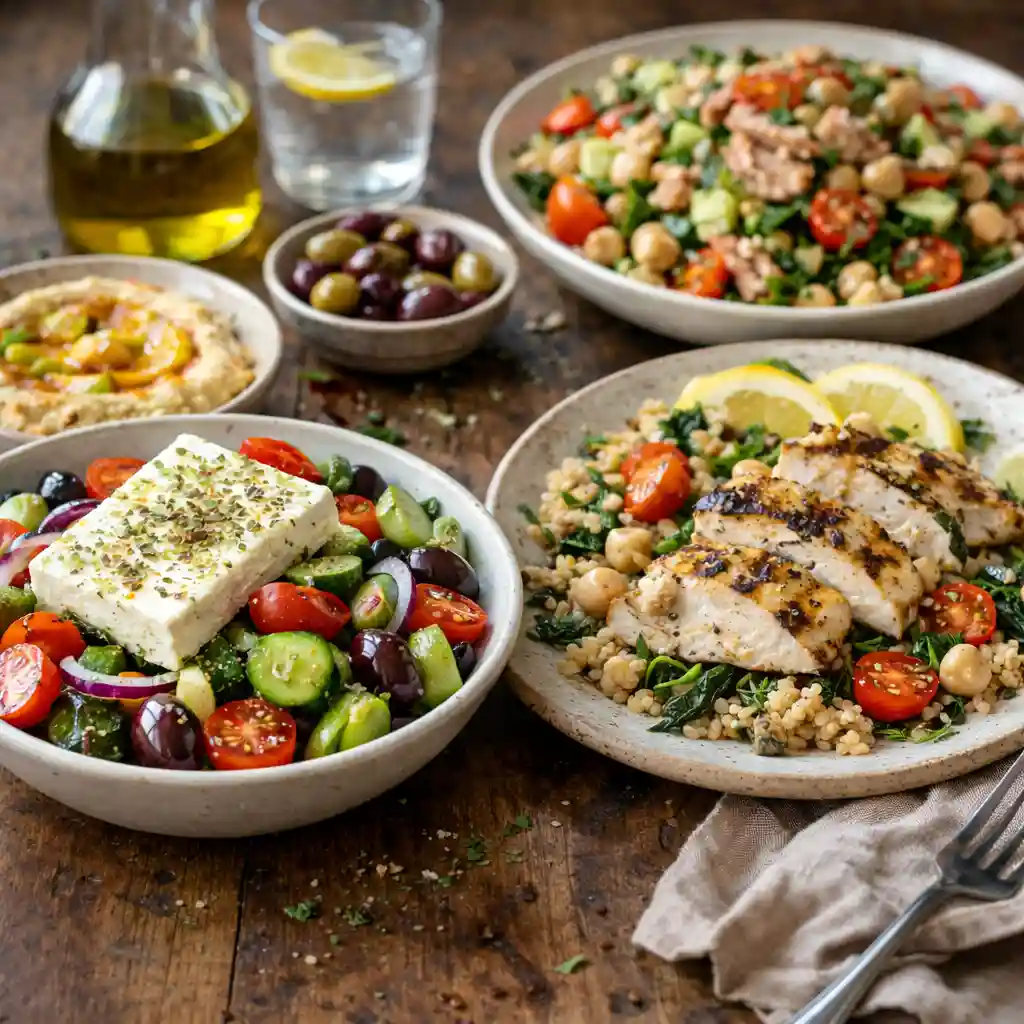 mediterranean-diet-meal-prep mediterranean diet lunch recipes prep containers with grains, vegetables, legumes, and proteins