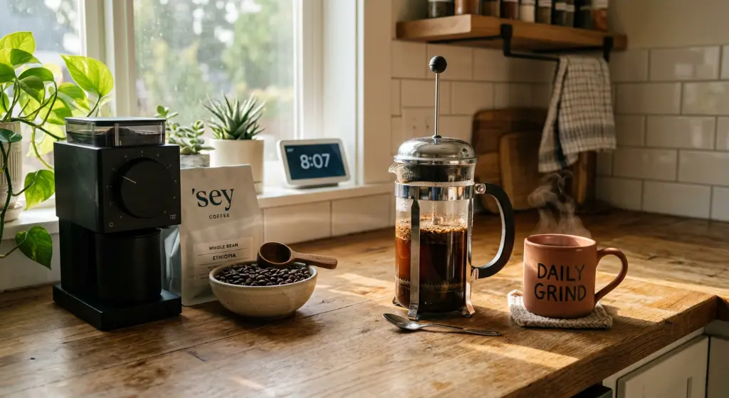 Minimal morning coffee routine with notebook and coffee mug by a bright window