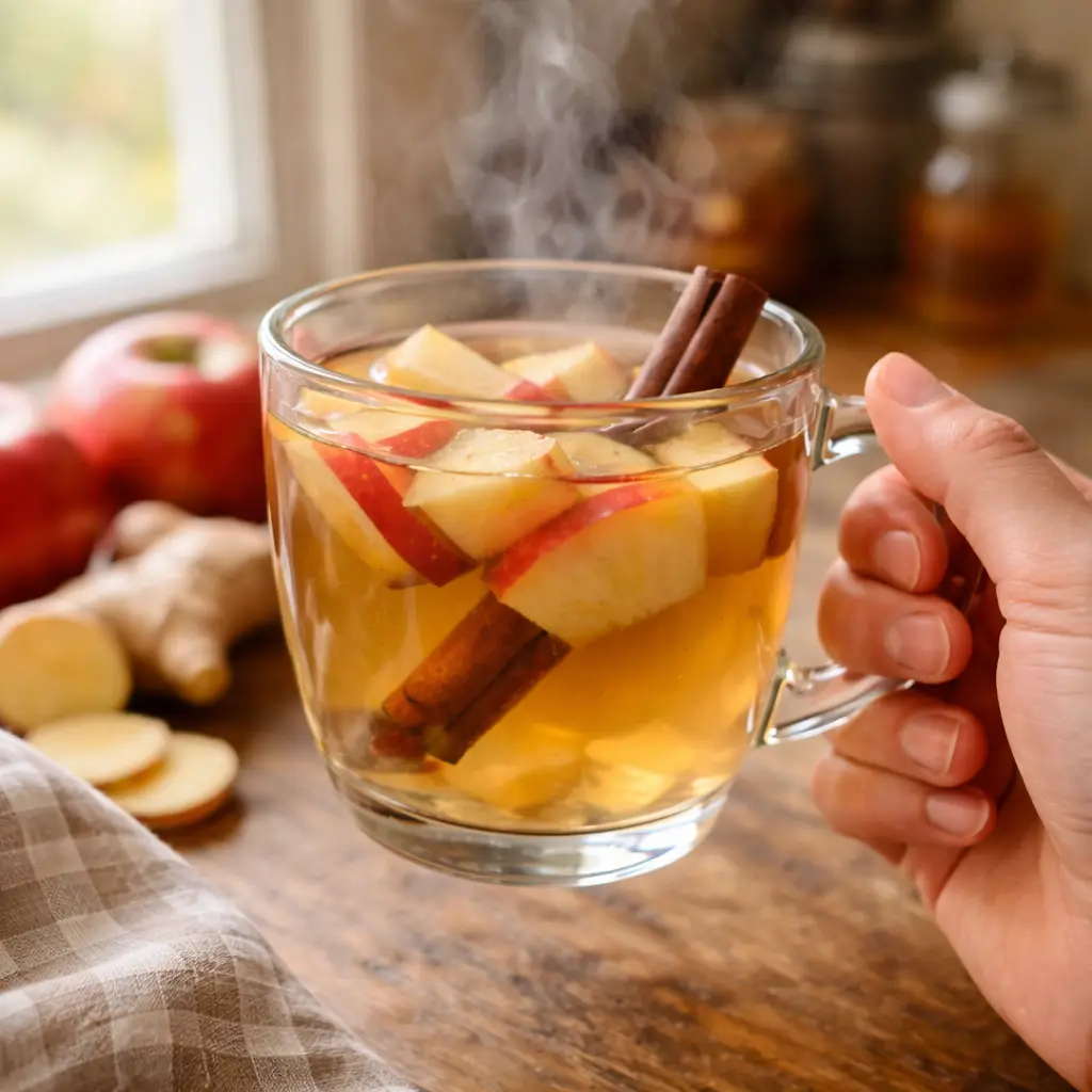 hand holding warm mug of boiled apple tea near kitchen window boiled apple tea for gut health