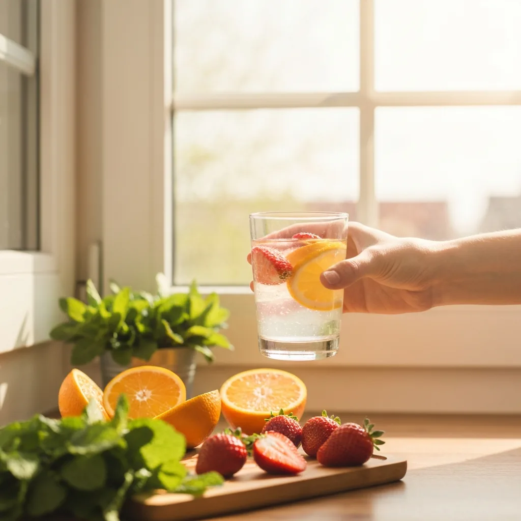 hand holding detox drink near sunny kitchen window detox drink at home