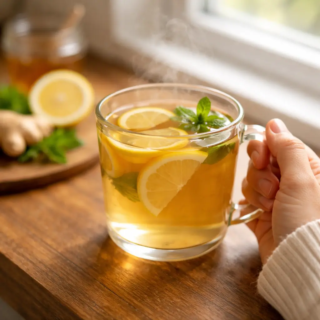 hand holding detox tea in morning light when to drink detox tea for weight loss