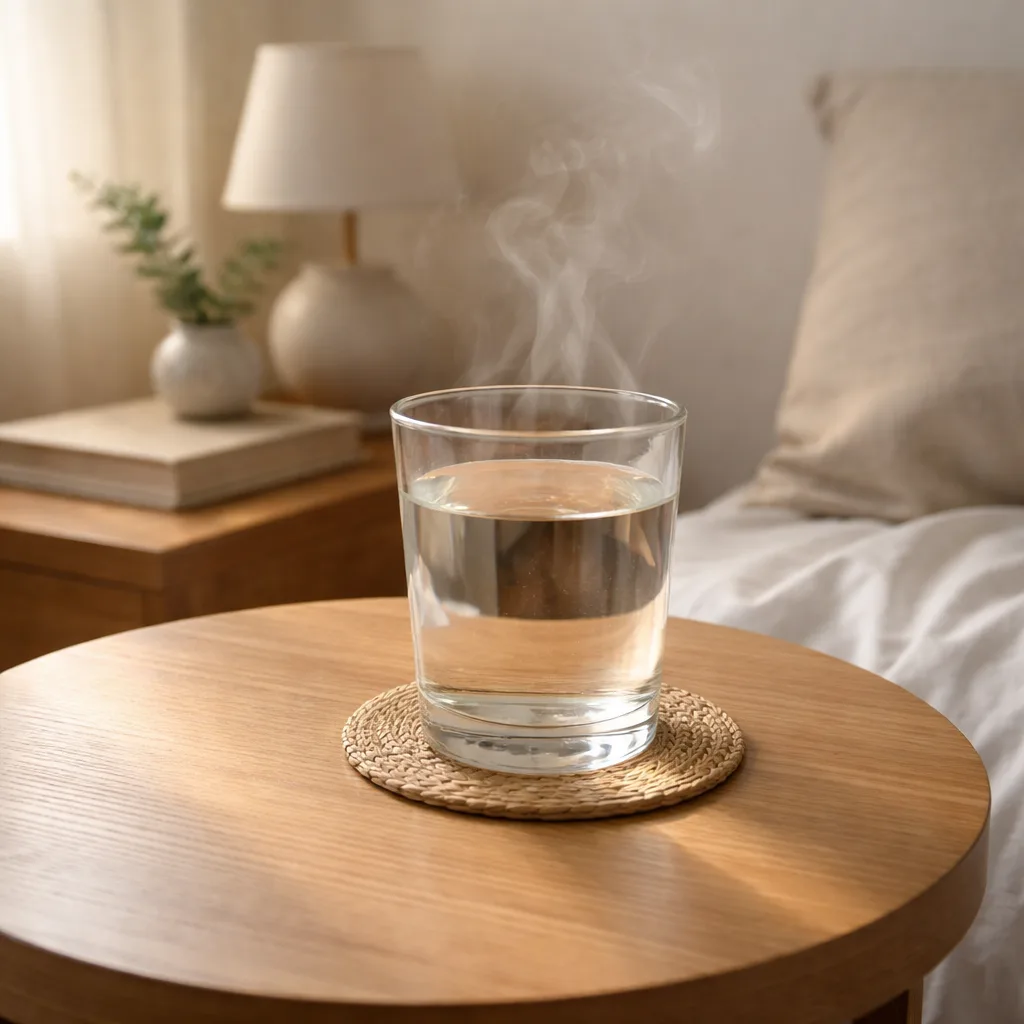 Steaming hot water on bedside table in morning light drink hot water every morning