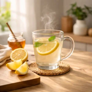 Flat-lay of wellness drink ingredients including lemon, ginger, honey, and water glass