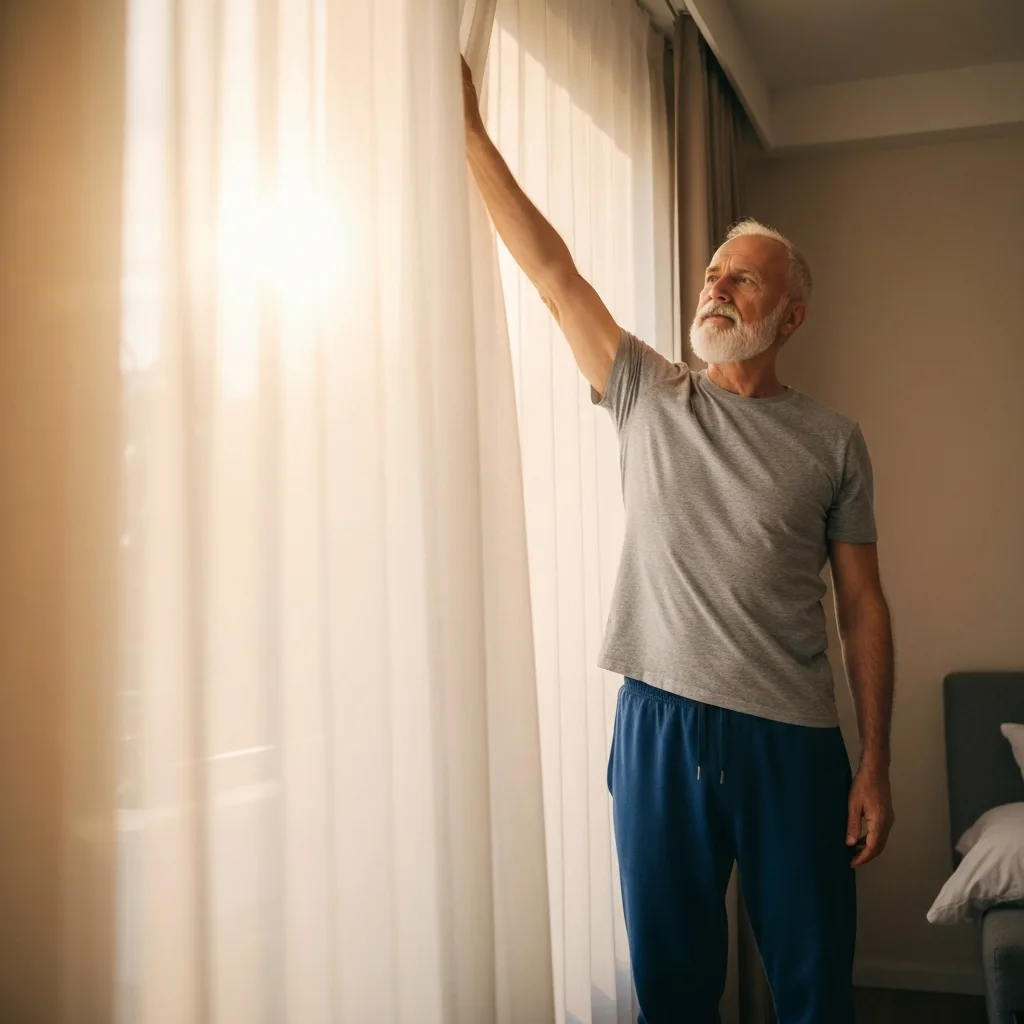 person stretching gently in morning sunlight at home slow morning wellness ritual