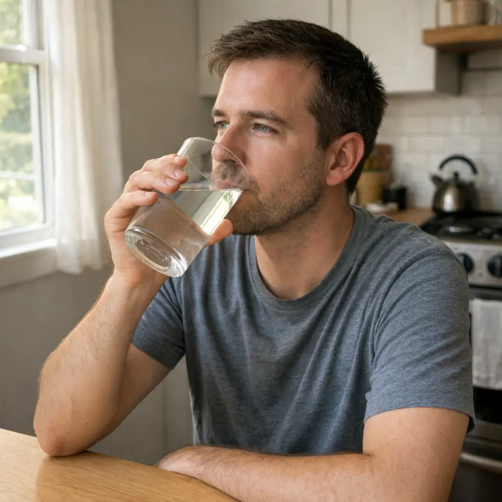 Hand holding chilled glass of water in bright kitchen during fasting routine water fasting challenge