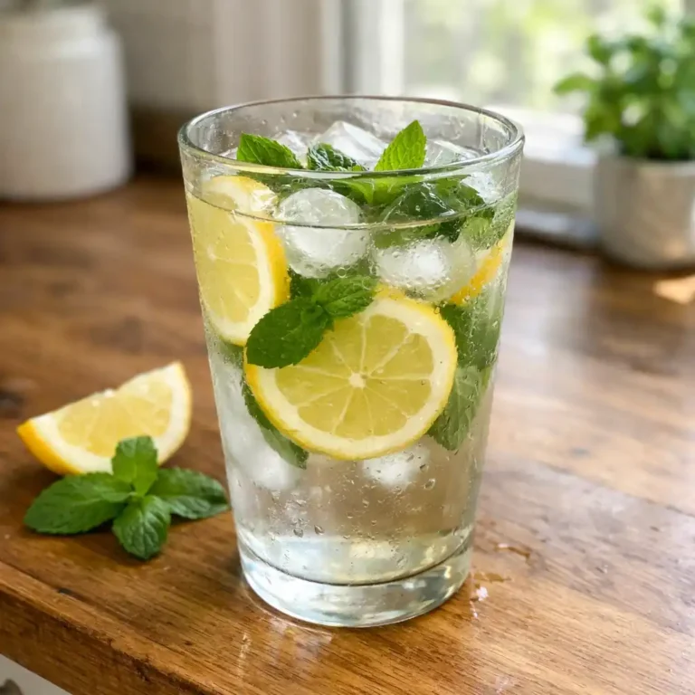 Glass of lemon mint natural body cooling drink with ice and fresh mint