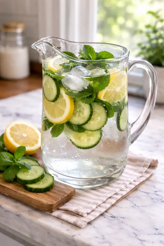 Vertical Pinterest image of lemon cucumber mint natural body cooling drink pitcher