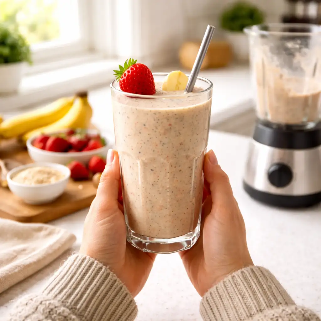 Cozy living room scene with person holding oatmeal breakfast smoothie