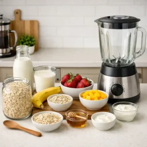 Overhead editorial shot of oatmeal breakfast smoothie ingredients on marble counter