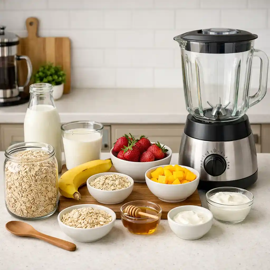 Overhead editorial shot of oatmeal breakfast smoothie ingredients on marble counter