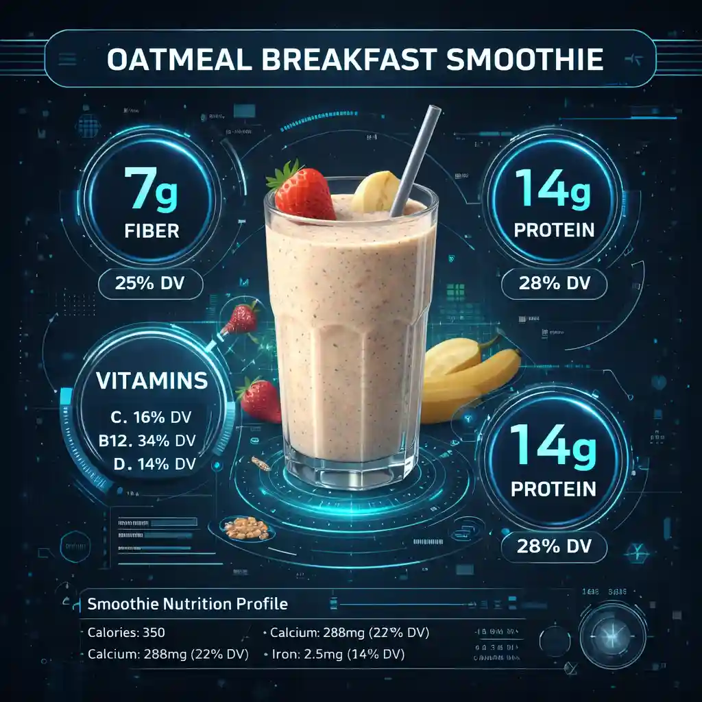Person holding a fresh oatmeal breakfast smoothie near a bright kitchen window
