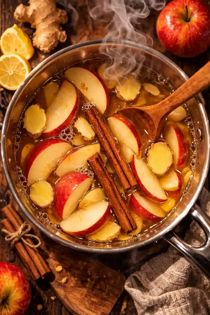 Overhead shot of a pot with thinly sliced apples, ginger slices, and cinnamon sticks simmering. boiled apple cinnamon ginger drink