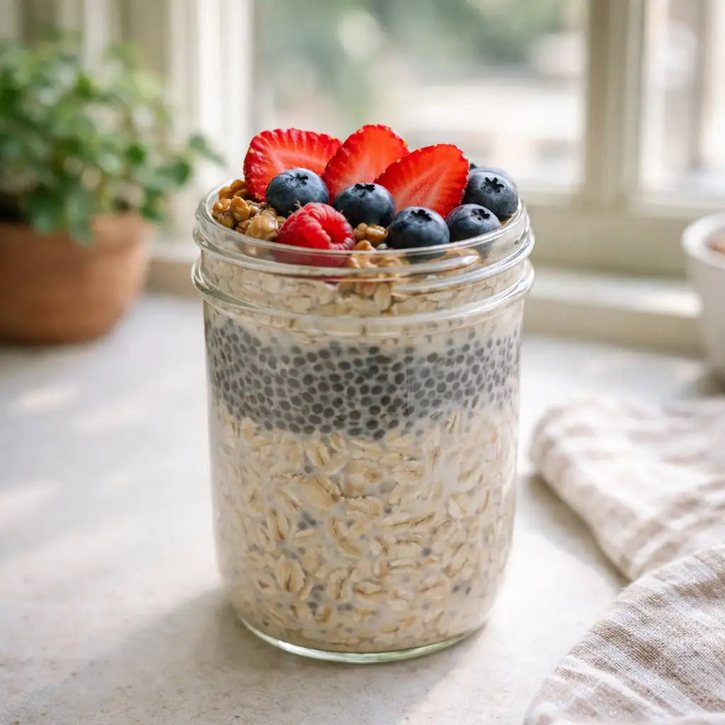 Overnight oats with fruit and seeds in a jar fiber era high fiber breakfast