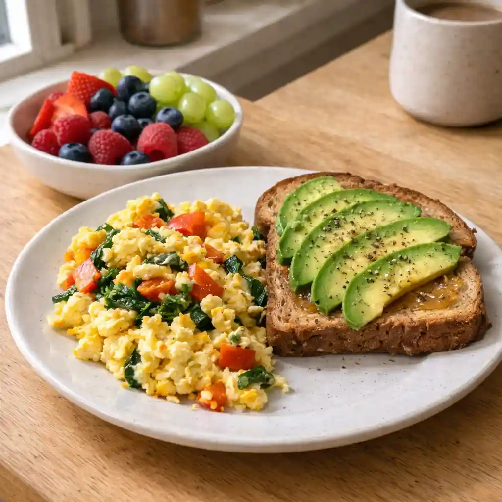 high-protein breakfast ideas - Jar of overnight oats with berries and chia seeds by a kitchen window