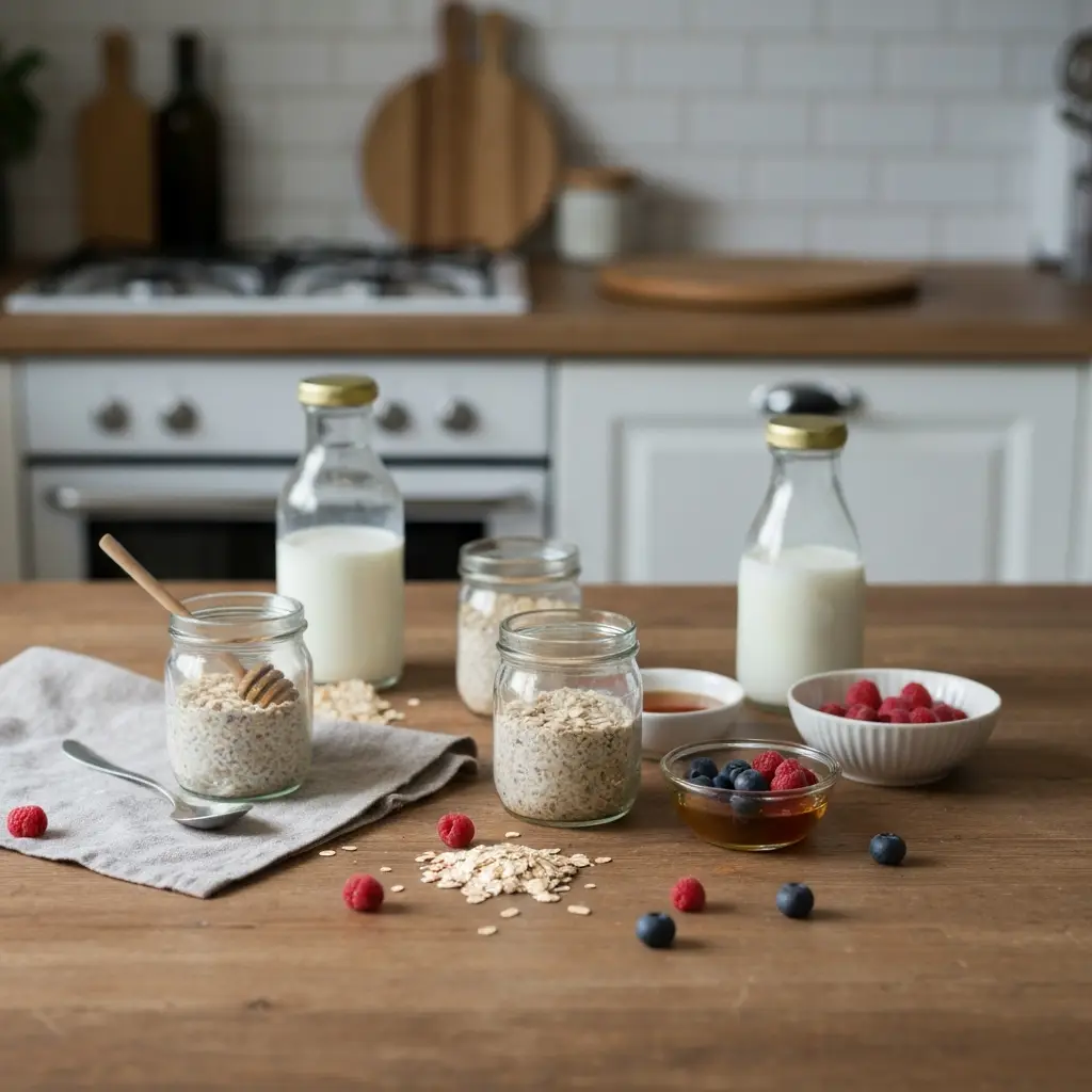Overnight oats meal prep jars with oats, milk, fruit, and honey on a kitchen table