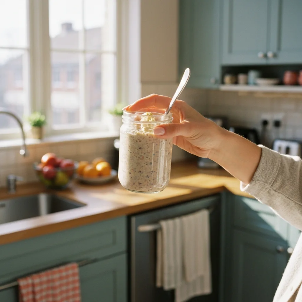 Hand holding jar of homemade overnight oats near sunny kitchen window