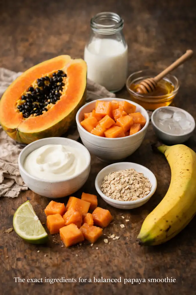 Thick papaya banana smoothie with tropical fruit on board