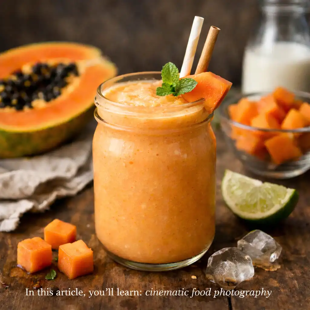 Creamy papaya smoothie in clear glass with fresh papaya cubes