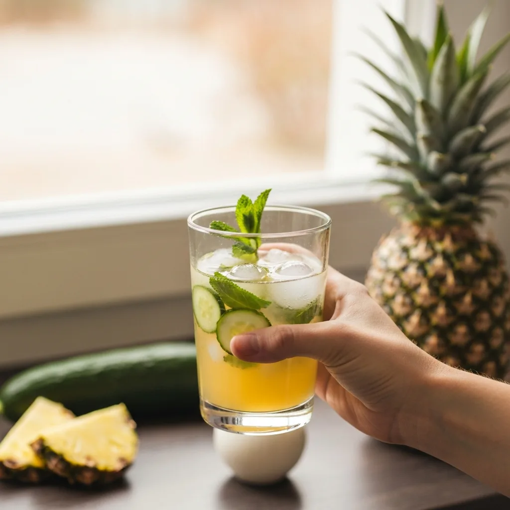 Hand holding a pineapple, cucumber, and mint detox drink by a kitchen window what drink detox your body