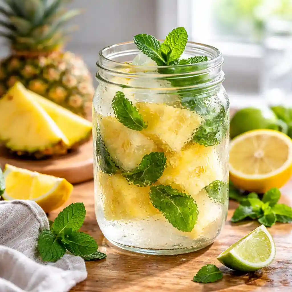 Pineapple detox water with lemon and mint on kitchen counter detox drink using pineapple