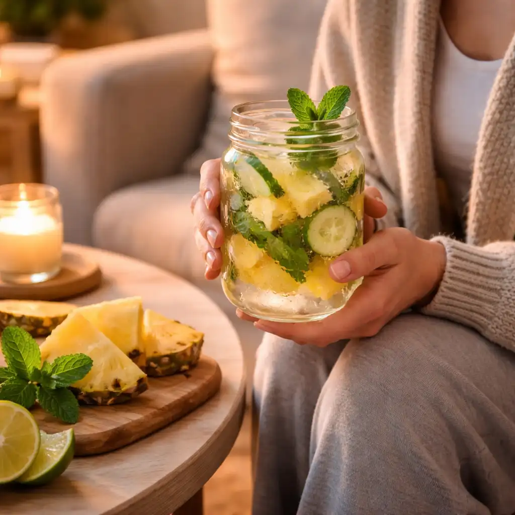 Cozy living room with person holding pineapple detox drink detox drink using pineapple