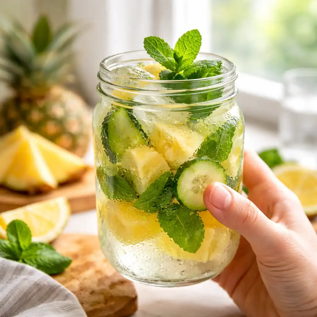 Hand holding pineapple detox drink near sunny window detox drink using pineapple