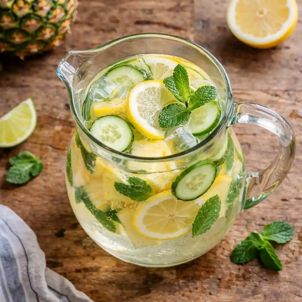 Top view of pineapple detox drink with cucumber and lemon detox drink using pineapple