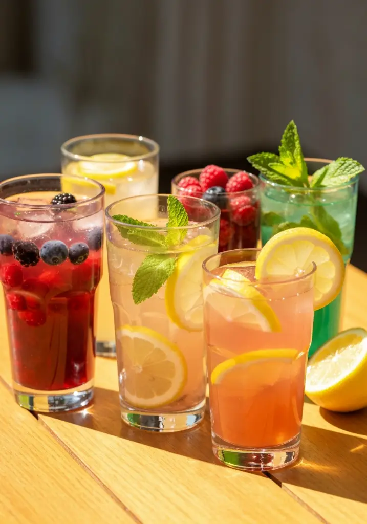 Vertical Pinterest-ready image of assorted detox drinks with fruits and herbs what drink detox your body