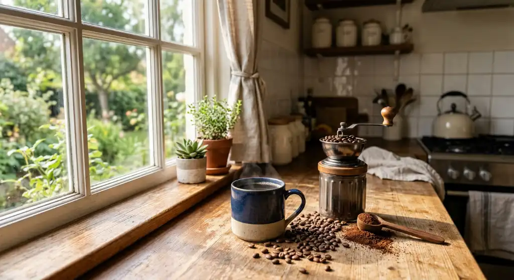 Peaceful morning coffee routine with a mug and book in sunrise light
