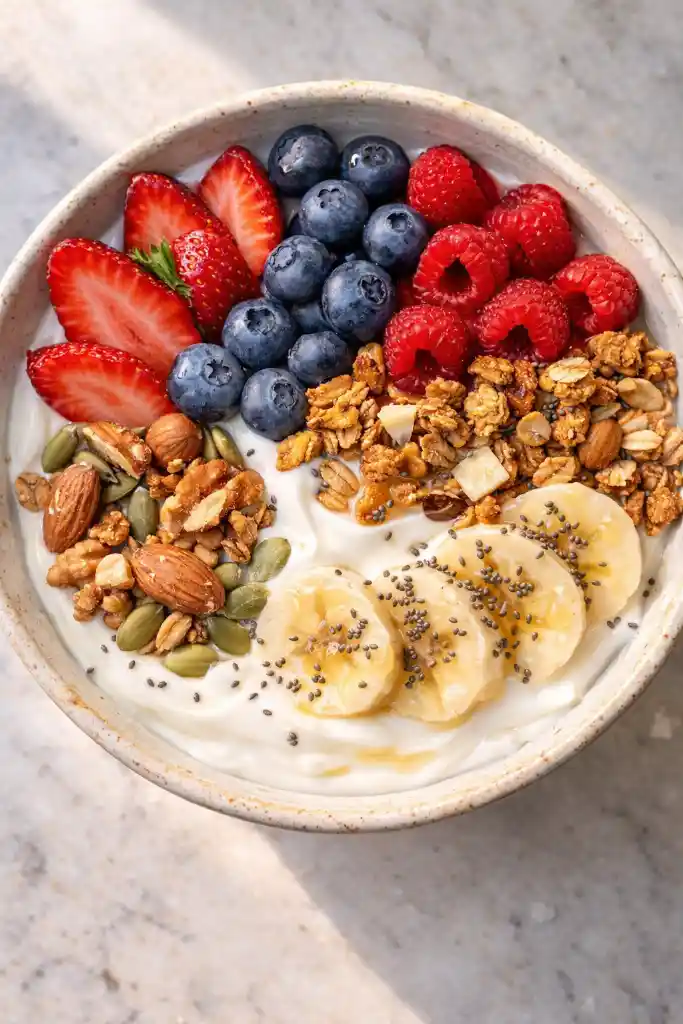 Pinterest vertical image of colorful layered yogurt bowl