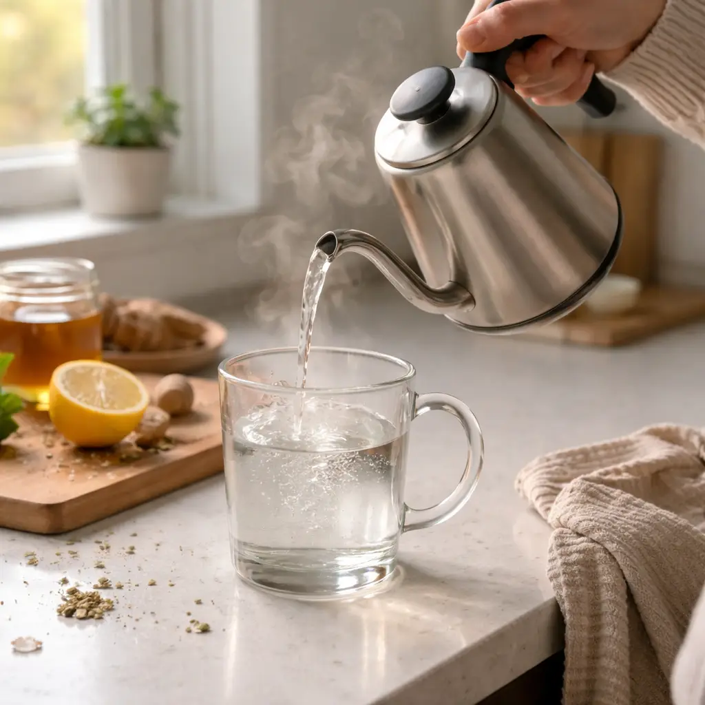 Pouring hot water into a mug in home kitchen drink hot water every morning