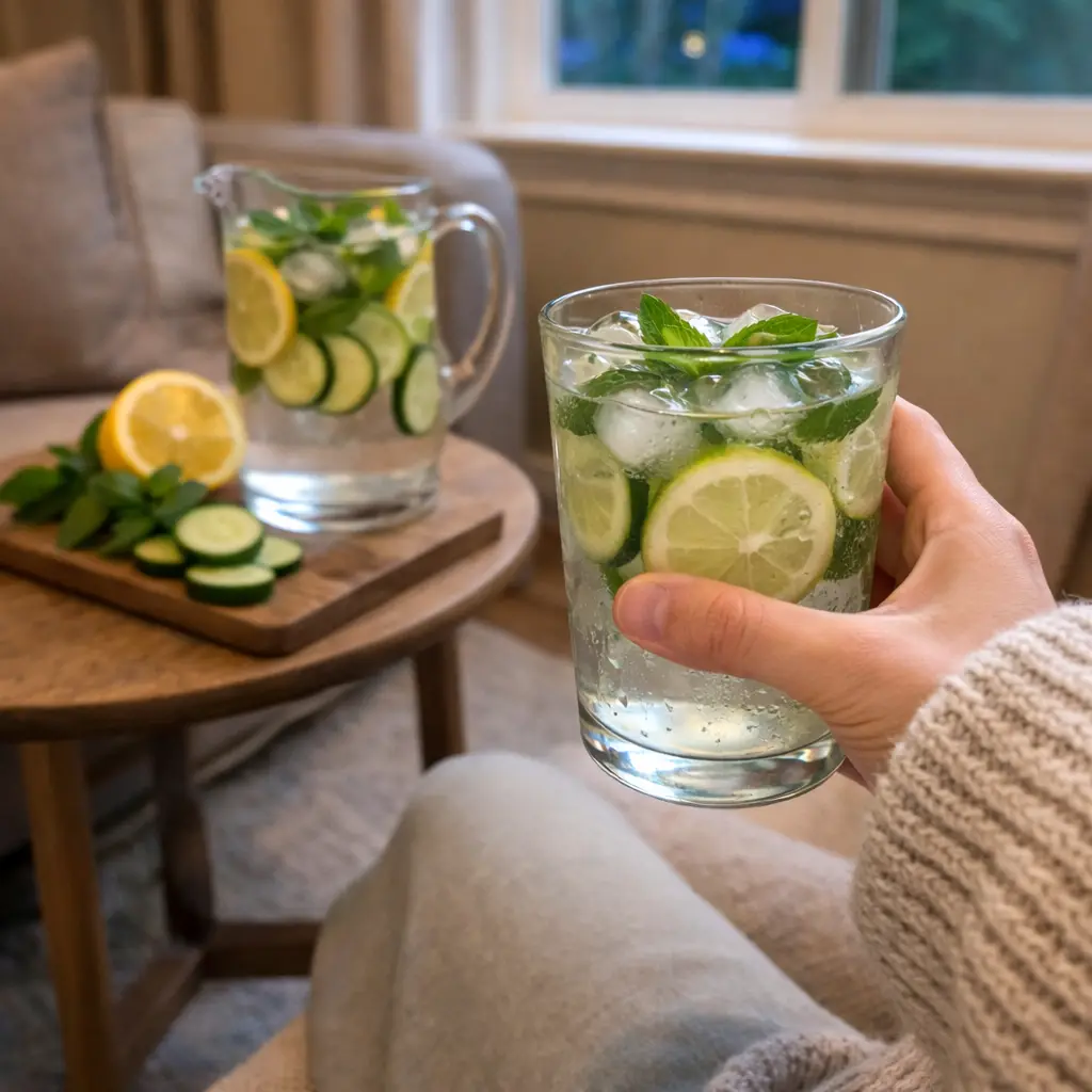 Person relaxing with a cucumber mint cooling drink in a cozy living room natural body cooling drink