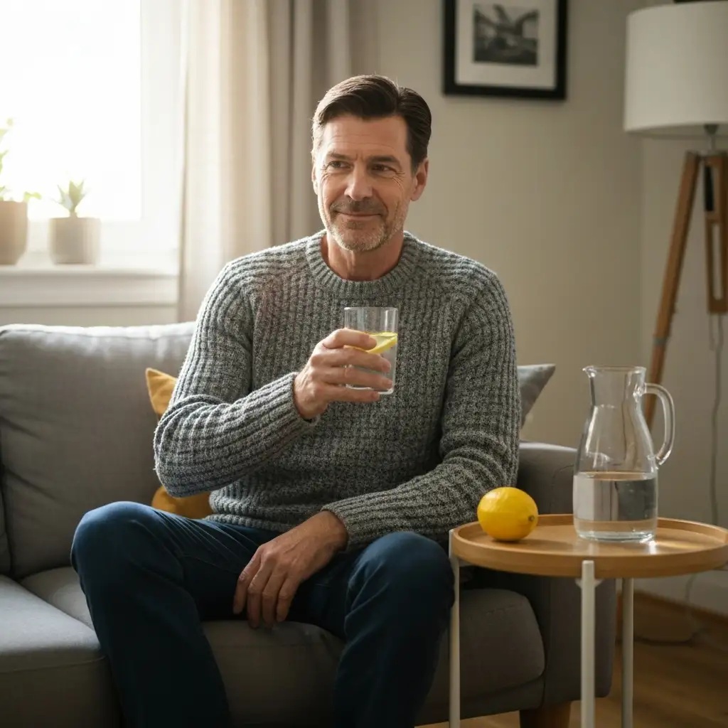 Cozy living room scene with person holding lemon water