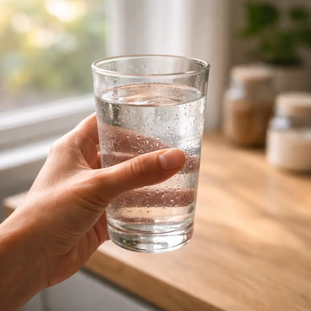 Person relaxing at home drinking water while reading about fasting what is water fasting and how do you do it